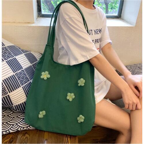 Women Canvas Shoulder Bags Big Vest Bags Flowers Shopping Bag Eco Cloth Handbag Foldable Reusable Beach Bag Green White Yellow