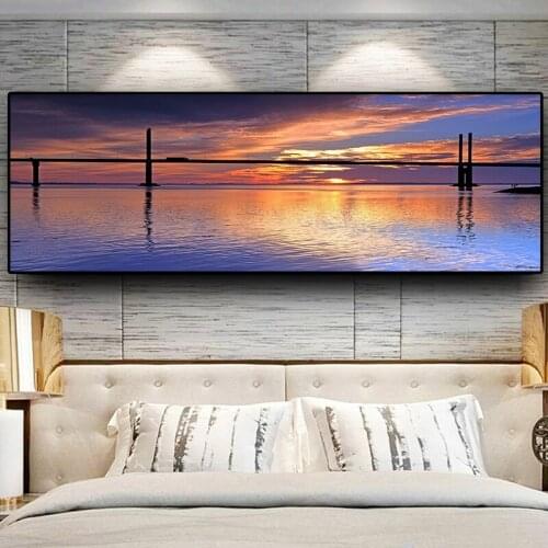 Sunsets Sky Natural Coast Ocean Sea Bridge Landscape Panorama Canvas Painting Posters and Print Wall Art Picture for Living Room