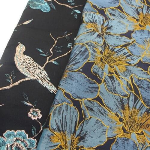 Tree Bird Blue Big Flower Satin Brocade Width 140CM Home Fabric Handmade DIY Fabric