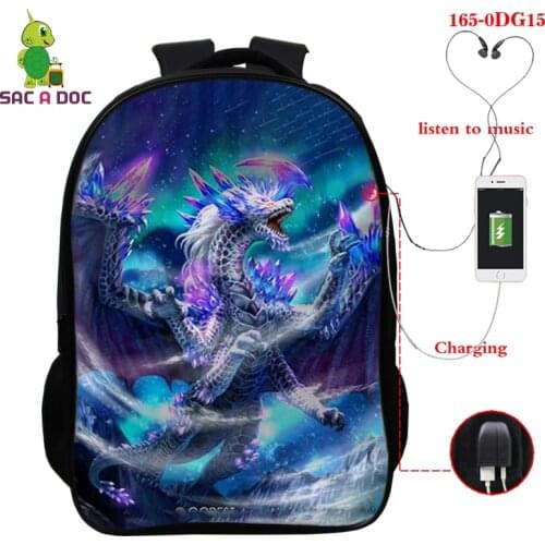 Dragon Print School Bag Backpack for Teens Girls Boys Waterproof Backpack with USB Charger Port 3d Kids School Bags Sac A Dos