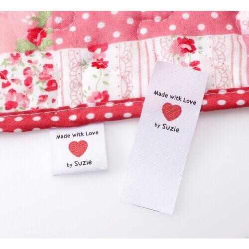 Custom folding labels / heart handmade labels, high-quality printing, Hand knitting, fabric 100% cotton, (MD2010)