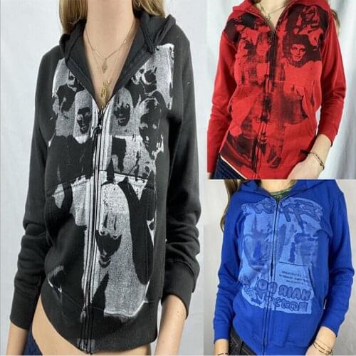 2021 Women Autumn New Casual Headprint Long Sleeve O Neck Zipper Hooded Retro Hippie Coat Jackets M6189