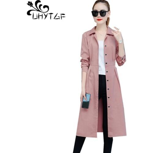 UHYTGF trench coat for women long-sleeved single-breasted slim spring coats female elegant women long Windbreaker plus size 1455