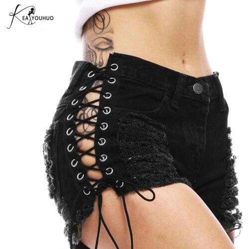 2020 Tassel Woman Fashion Summer Denim Shorts For Women Black Ripped Short Jeans High Waist Elastic Lace Up Bandage Shorts Pants