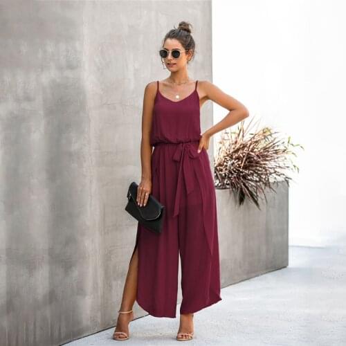 Summer Sexy Backless Wide Leg Jumpsuit Women Bandage Side Split Hem Rompers Womens Clothing 2021 Combinaison Femme Overalls