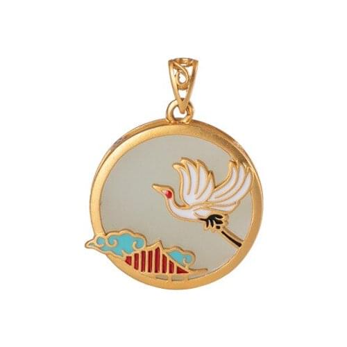 S925 sterling silver Cloisonne Gold plating Hetian jade Pendant Retro Chinese style Xiangyun White Crane Womens pendant