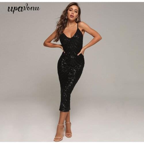 2020 New Summer Sequined Sleeveless Bandage Dress Women Sexy V-neck Black BodyconMidi Dress Celebrity Club Party Dress Vestidos