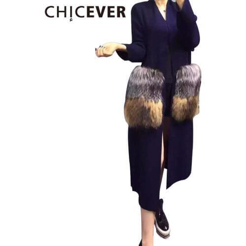 [CHICEVER] 2020 Winter Women Attachable Big Fur Pocket Knitted Long Coats Female Windbreaker Casual Cardigan Loose Tops Clothes