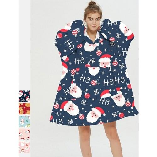 Winter Sherpa Blanket With Sleeve Ultra Plush Hoodies Christmas Printed Oversized Hooded Sweatshirt Flannel Hooded Blankets