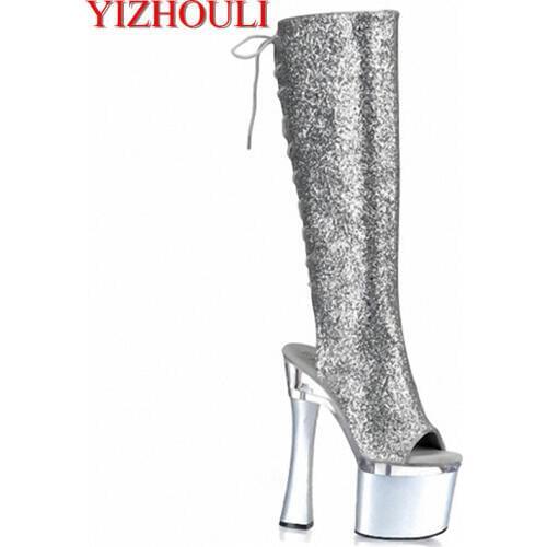 18cm silver Bagmail fish mouth with high heels and high boots, non-mainstream womens shoes, club high heel Dance Shoes