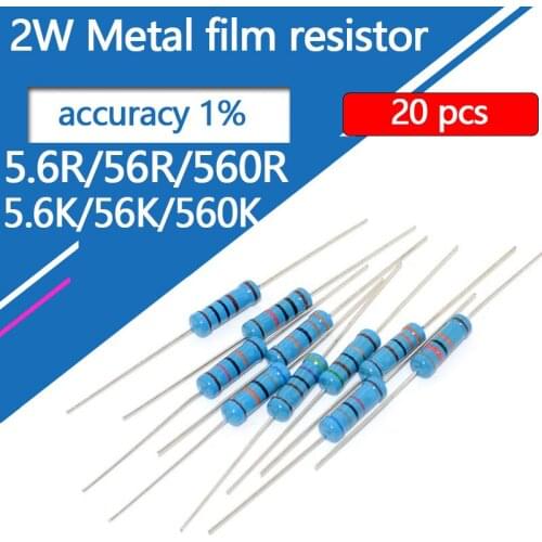 20pcs/lot 2W Metal film resistor five-color ring 5.6R 56R 560R 5.6K 56K 560K Ohm Accuracy 1% 2W resistance
