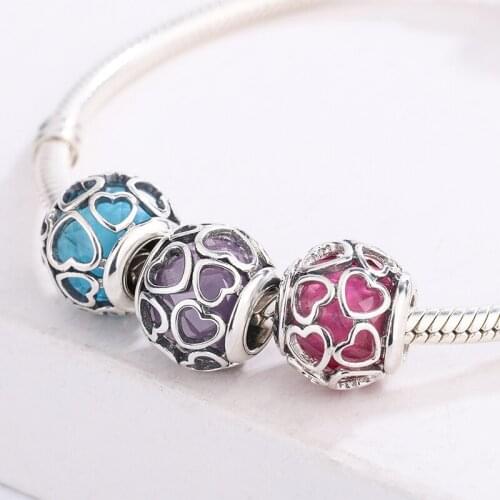 925 Sterling Silver Heart-Shaped Pink Crystal Hollow Cubic Zirconia Pendant Charm Bracelet DIY Jewelry Making For Pandora