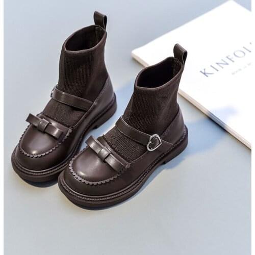 New Children Girls Fashion Sweet Butterfly-knot Sock Boots Princess Baby Autumn PU Leather Flat Kids Shoes 03A