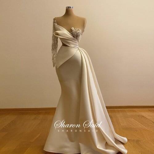 Sexy One Shoulder Mermaid Prom Dresses Long Sleeve Overskirt Arabic Ivory Evening Gowns Women Wedding Party Graduation Dress
