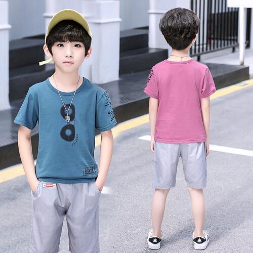 Boy Sport Suits Summer Cartoon Glasses Pattern T-shirt Pocket Shorts Clothing Set Teens Boy 4 6 8 10 12 14 Years Kids Clothes