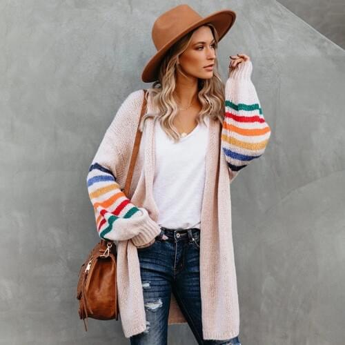 Fitshinling Rainbow Striped Boho Cardigan Winter Long Coat Female Knitwear Pink Slim Sweaters Cardigans For Women Clothes 2020