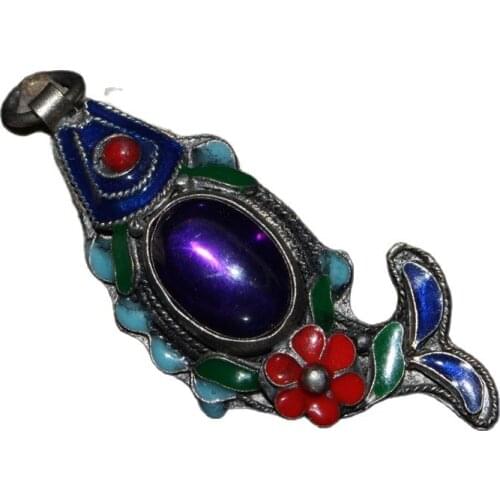 China Old Tibetan Silver Cloisonne Zircon Inlaid Tibetan Silver Fish Pendant
