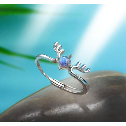 Cute 925 Sterling Silver Ring For Women With Natural Labradorite Stone Reindeer Shape Fine Jewelry Adjustable Dropshipping