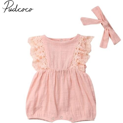 2019 Brand New 0-24M Newborn Infant Baby Girls Boys Romper Headband 2PCS Lace Ruffles Sleeve Floral Pink Jumpsuit Summer Clothes
