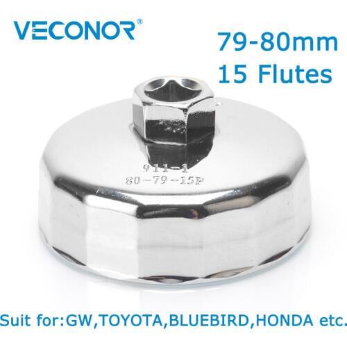 Veconor 1/2" Square Dr. Steel 79mm-80mm Oil Filter Wrench Cap Housing Tool Remover 15 Flutes Universal For BLUEBIRD HONDA ZXAUTO