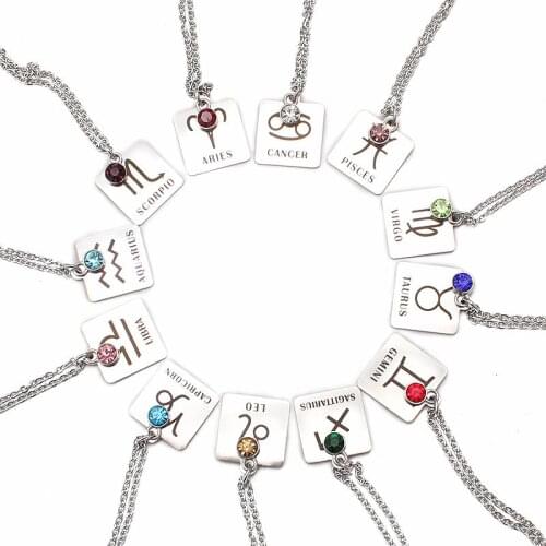 Stainless Steel Star Zodiac 12 Constellation Neckless Square Pendant For Men Women Lucky Chocker ColierBirthday Gift Wholesale