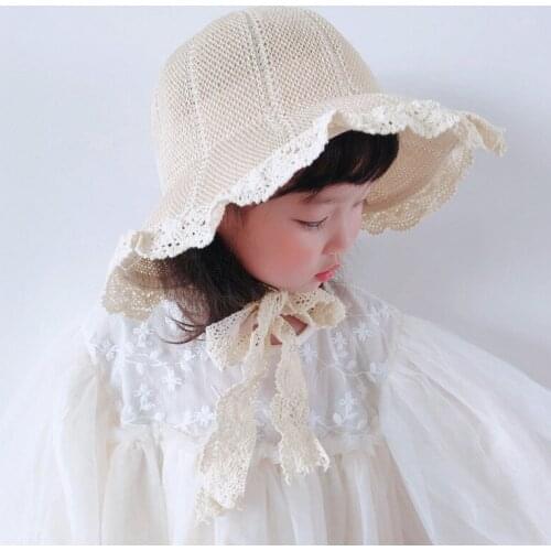 Toddlers Fashionable Straw Hat, Little Girls Summer Autumn Breathable Lace Decoration Outdoor Sun Protection Bucket Cap