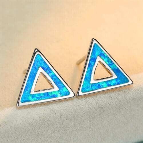 Trendy Female Blue White Opal Earrings Cute Hollow Triangle Small Stud Earrings Charm Silver Color Wedding Earrings For Women