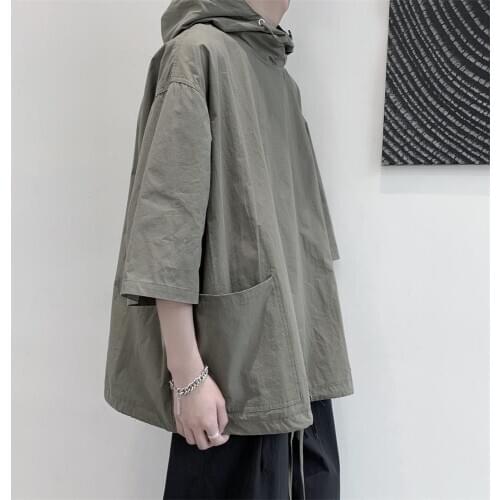 Mens Fashion Hooded Loose Fashion Flow Half-Sleeve Shirt T-shirt Fashion Brand Summer Hooded Short-Sleeved Sweater Short Sleeve