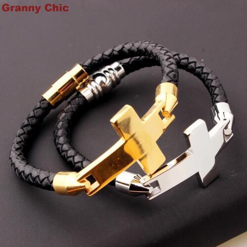 Granny Chic Mens Jewelry Cool Design Silver/Gold Stainless Steel Cross Black Braided Leather Bracelet 8.26"