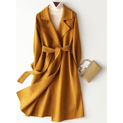 New Arrival 100% Wool Coat Brand Winter Woolen Coat Vintage Thick Cashmere Coat Solid Female Overcoat Sashes Long Wool Outwears