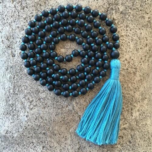 Matte Black Onyx 108 Bead Mala Necklace Long Knotted Yoga Necklaces With Handmade Blue Tassel Buddhist Mala Necklace