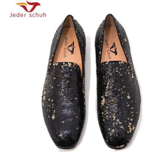 Jeder Schuh Luxurious Sequins MenS Loafers Wedding And Prom Two Colors Men Handmade Smoking Slippers
