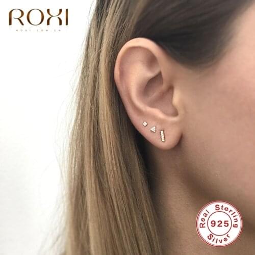 ROXI Geometry Stud Earrings for Women Triangle Square Rectangle Earings Jewelry 925 Sterling Silver Unusual Earrings Piercing
