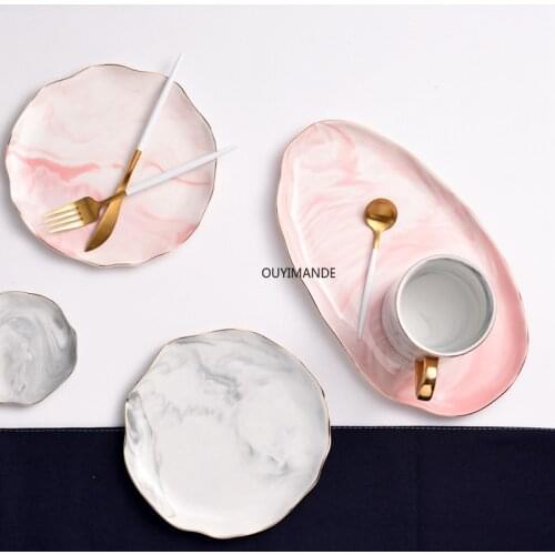 Nordic Marble Ruffled Salad Cosmetics Decorative Tray Porcelain Dinner Dish Ceramic Dessert Fruit Plate Jewelry Storage Tray