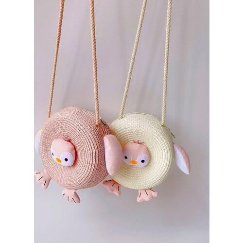 New Straw Crossbody Bag for Children Girls Shoulder Bags Lovely Penguin Round Cartoon Coin Purse Womens Key Wallet Mini Handbag