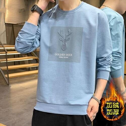Autumn and winter new cotton sweater mens Plush thickened round neck Pullover long sleeve T-shirt casual coat