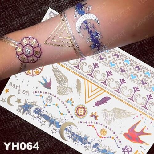 Waterproof Temporary Tattoo Sticker Sea Conch Anchor Gold Silver Metallic Flash Tatoo Boho Moon Feather Jewelry Glitter Body Art