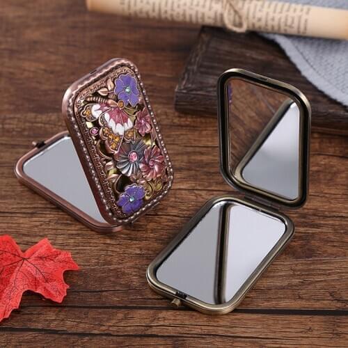 2-face Folded Pocket Mirror Vintage Hollow-out Carving Rhinestone Mirror with Gift Box Portable Makeup Mirror