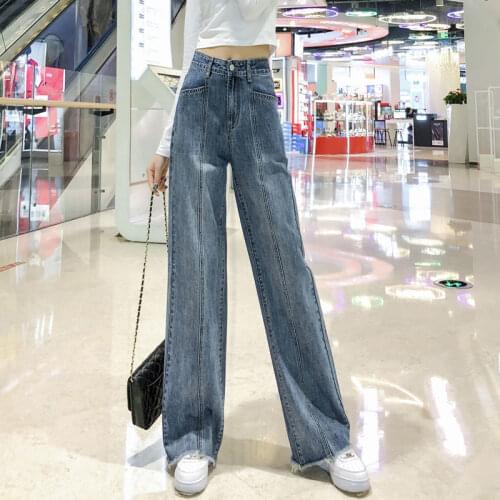 Jeans Womens 2021 New Spring And Summer Stitching Retro Loose High-Waisted Raw-Edge Wide-Leg Straight-Leg Pants Streetwear