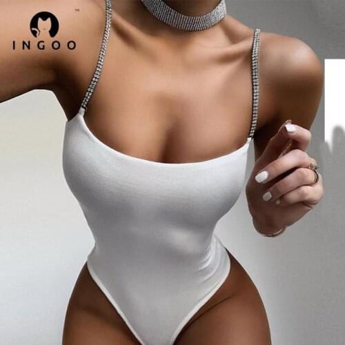INGOO Chain Spaghetti Strap Sleeveless Bodycon Bodysuit Women Rompers Summer Sexy Party Corduroy Skinny Slim Backless Bodysuits
