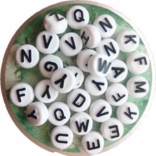 Free Shipping 5*10MM Coin Shape White with Black Carved Assorted A-Z Acrylic Letter Beads Plastic Alphabet Bracelet Beads
