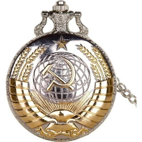 Luxury Soviet Badges Sickle Hammer Pocket Watch Gold-Silver Pendant Russia Emblem Communism with Fob Chain Clock