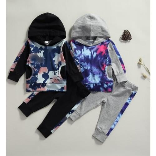 FOCUSNORM Autumn Infant Baby Boys Clothes Sets 0-18M Tie-Dye Printed Long Sleeve Hooded Tops Pants 2pcs
