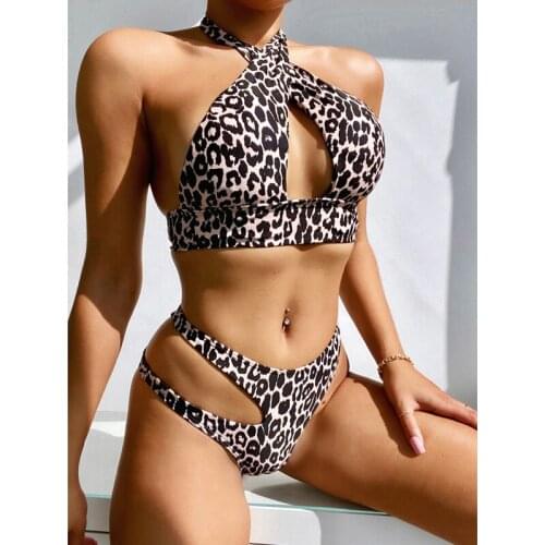 Leopard Print Swimwear Women Halter Hollow out Sexy Lace up Pads Push up Bikini Holiday Beach Party 2 Piece Bathing Suit