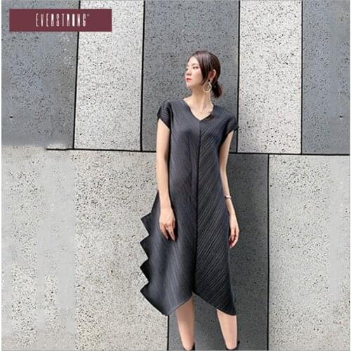 HOT SELLING Miyake fold new style V-neck Ruffle irregular dress IN STOCK