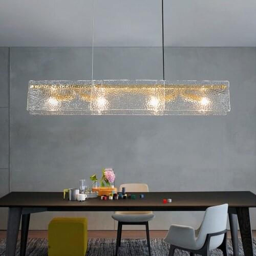 FKL Nordic Golden Glass Long Dining Chandelier Creative Water Ripple Glass Long Dining Table Bar Light Luxury LED Chandelier