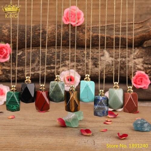 Natural Green Adventurines Lapis Stone Multifaceted Essential Oil Perfume Bottle Gold Pendant Necklace For Women Jewelry Gift