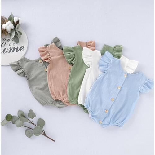 2020 New Fashion Infant Toddler Baby Girl Kid Ruffle Feifei Linen Jumpers Solid Short Sleeve Bodysuit Summer Clothes Sets 0-24M