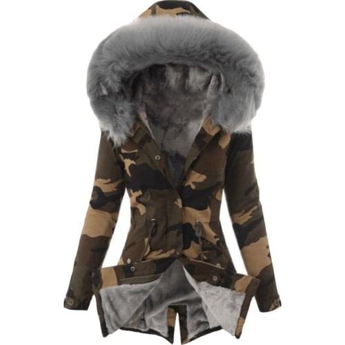 New Camouflage Plush Jackets Ladies Hooded Pocket Winter Coat Fashion Stand Collar Parka Slim Thick Long Sleeve Cotton Outwears