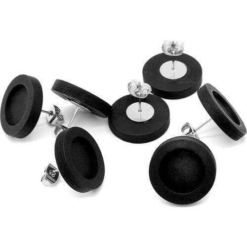 20pcs/lot Black Blank Wood Cabochon Earring Base Stainless Steel Post Stud Earrings Settings Fit 12mm for Diy Jewelry Findings